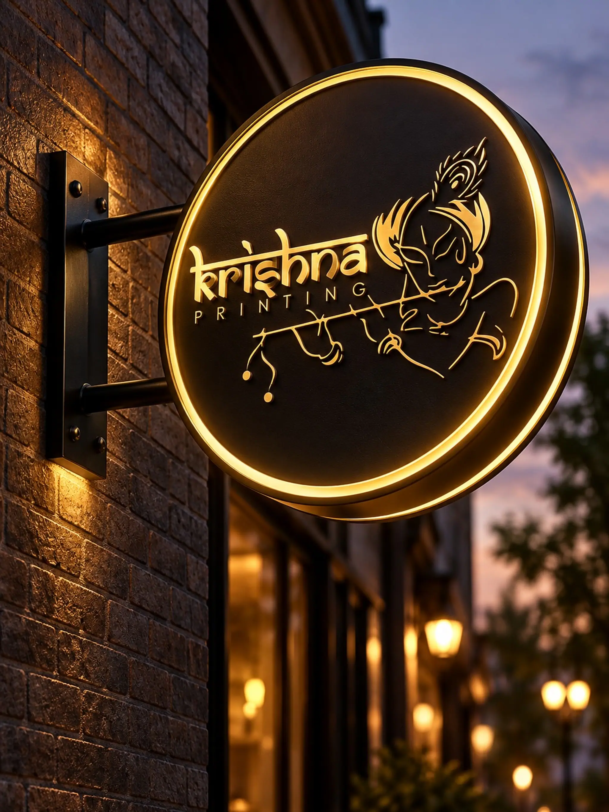 Round illuminated projecting sign with a gold Krishna Printing logo on a brick wall at dusk