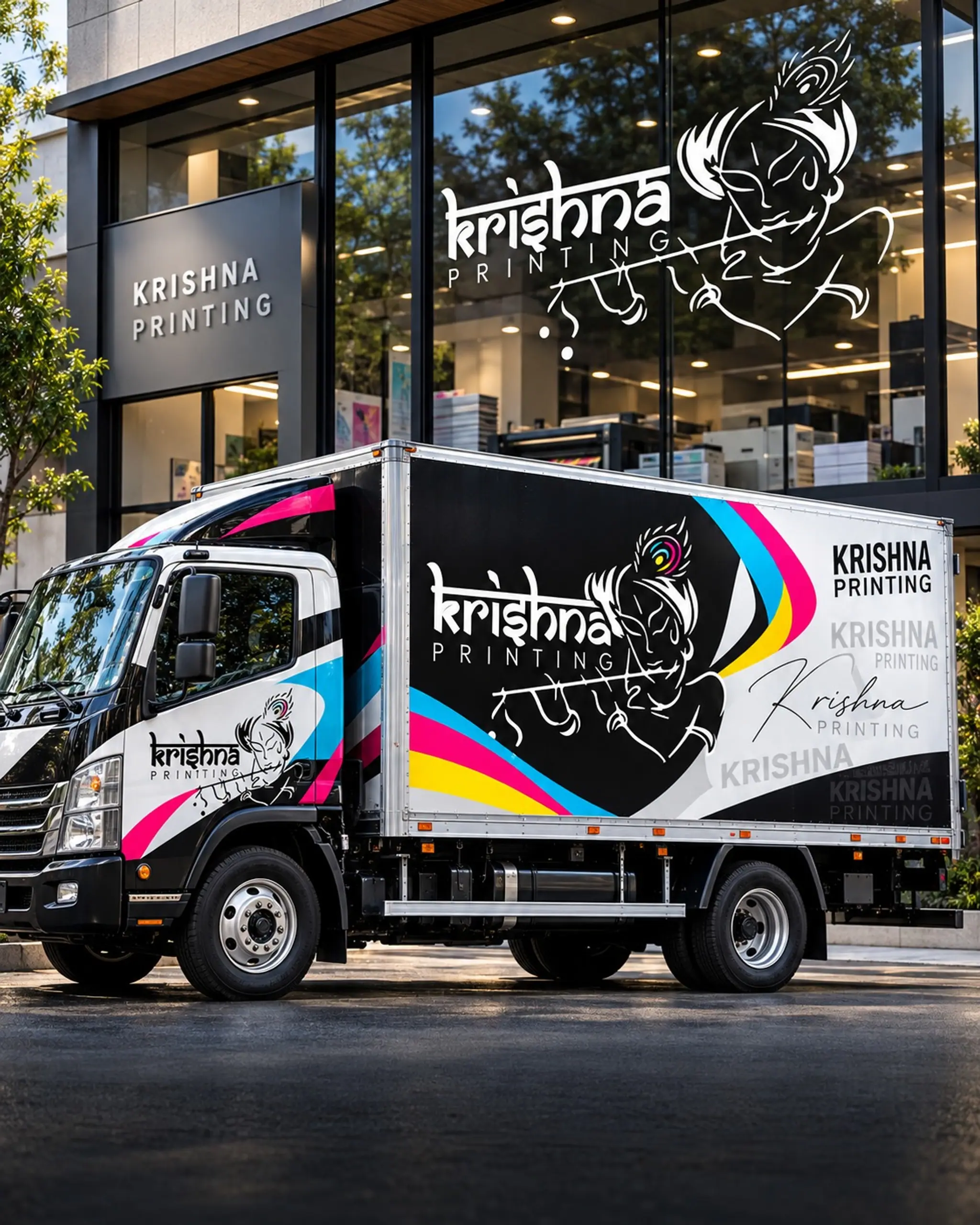 Box truck wrapped in black, white and CMYK graphics with the Krishna Printing logo