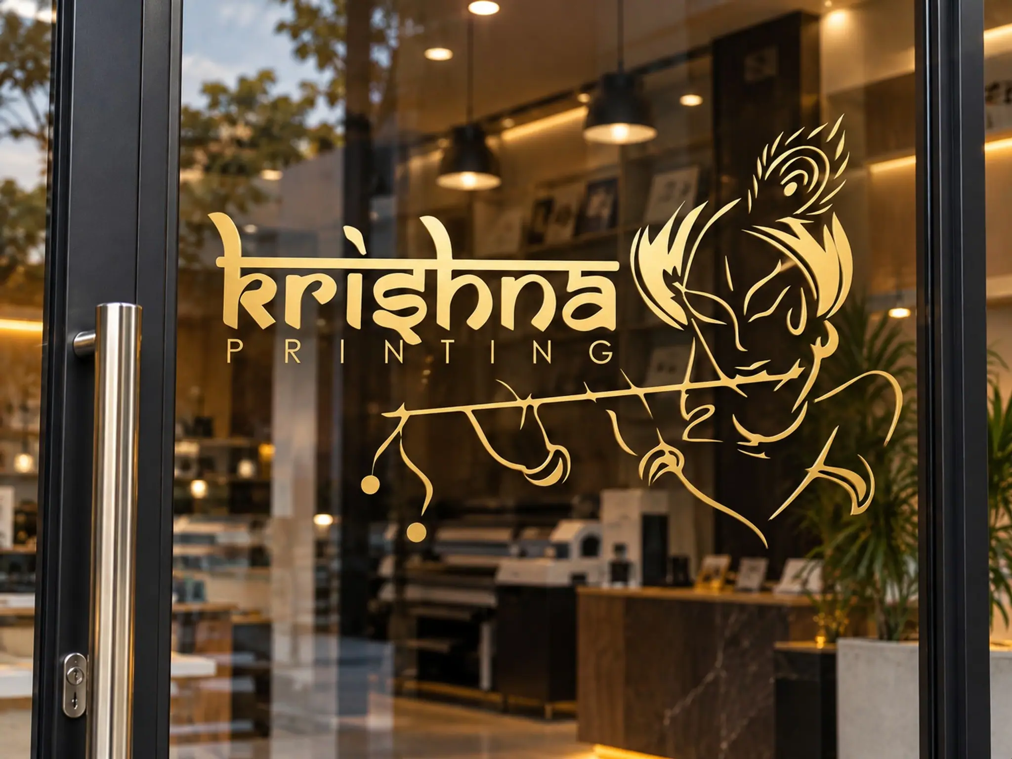 Gold Krishna Printing logo decal on a glass shop door