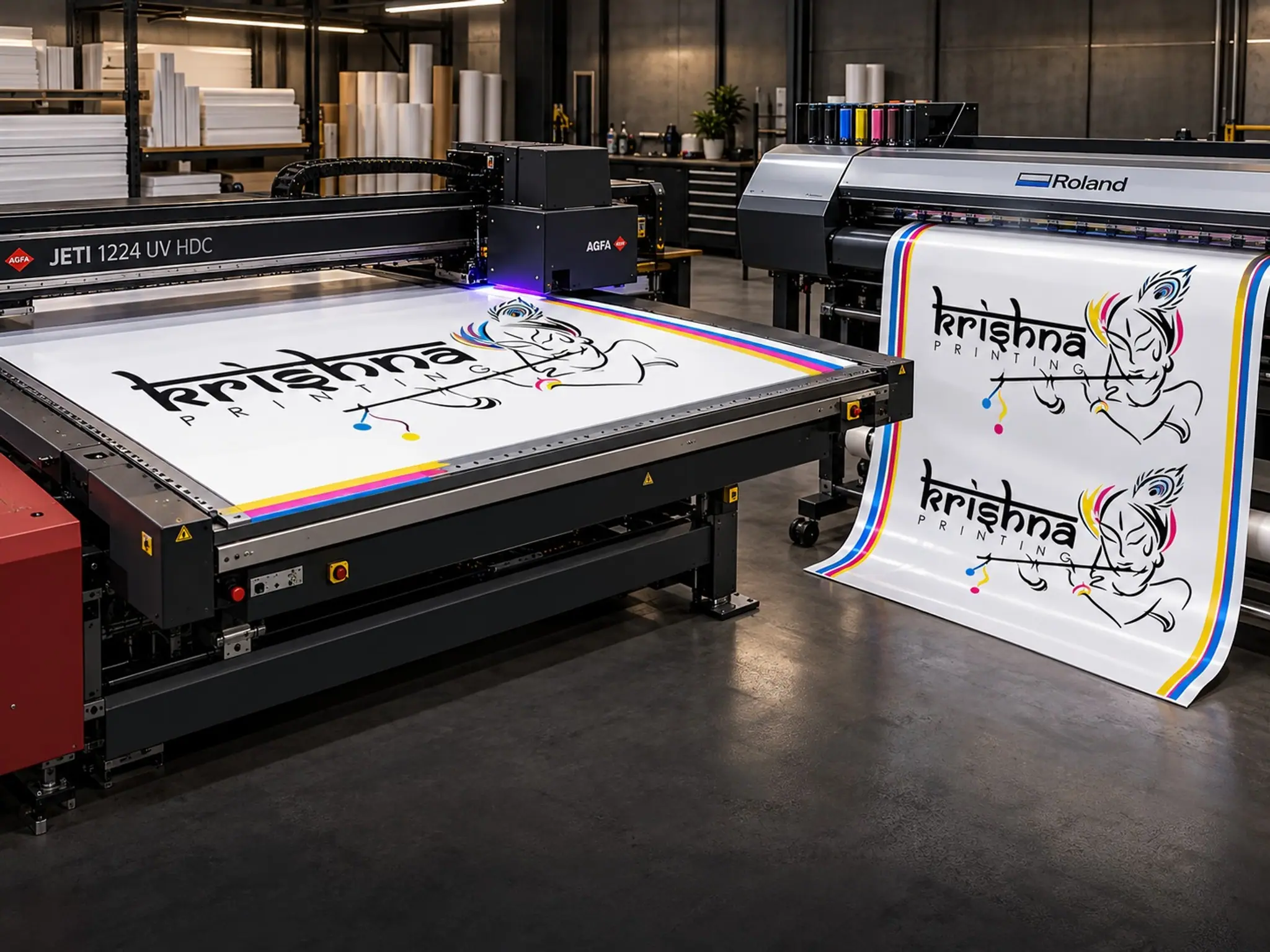 Flatbed UV printer and wide-format printer producing Krishna Printing boards and banners