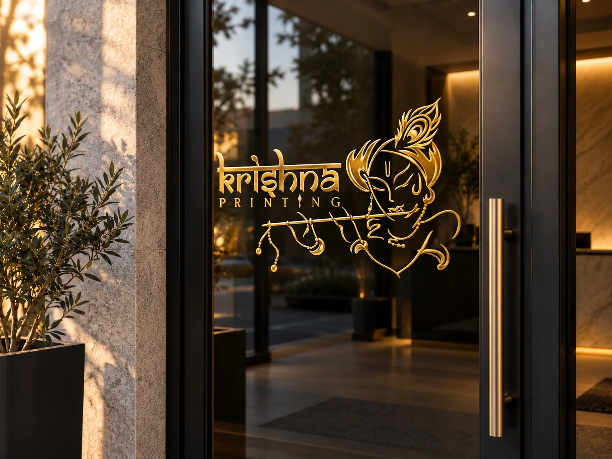 Gold Krishna Printing logo decal on a dark glass entrance door beside a stone wall
