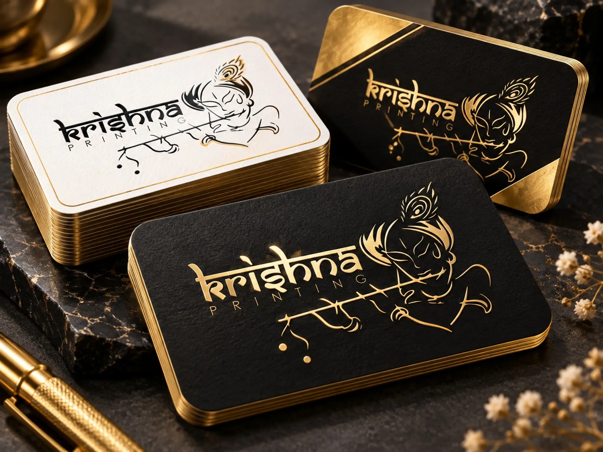 Black and ivory business cards with gold foil Krishna Printing logos and gilded edges