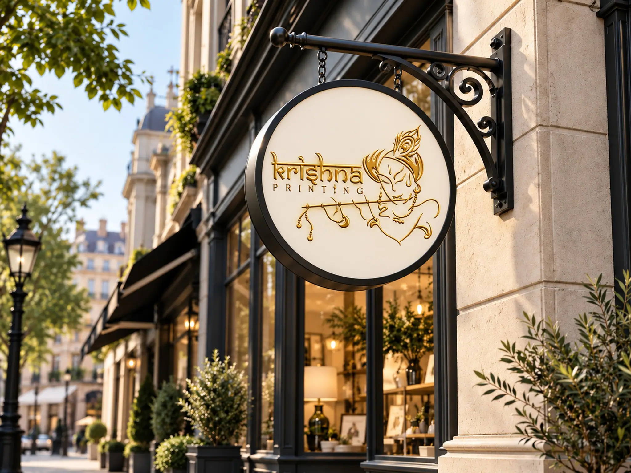 Round hanging sign with a gold Krishna Printing logo on a wrought-iron bracket outside a shop