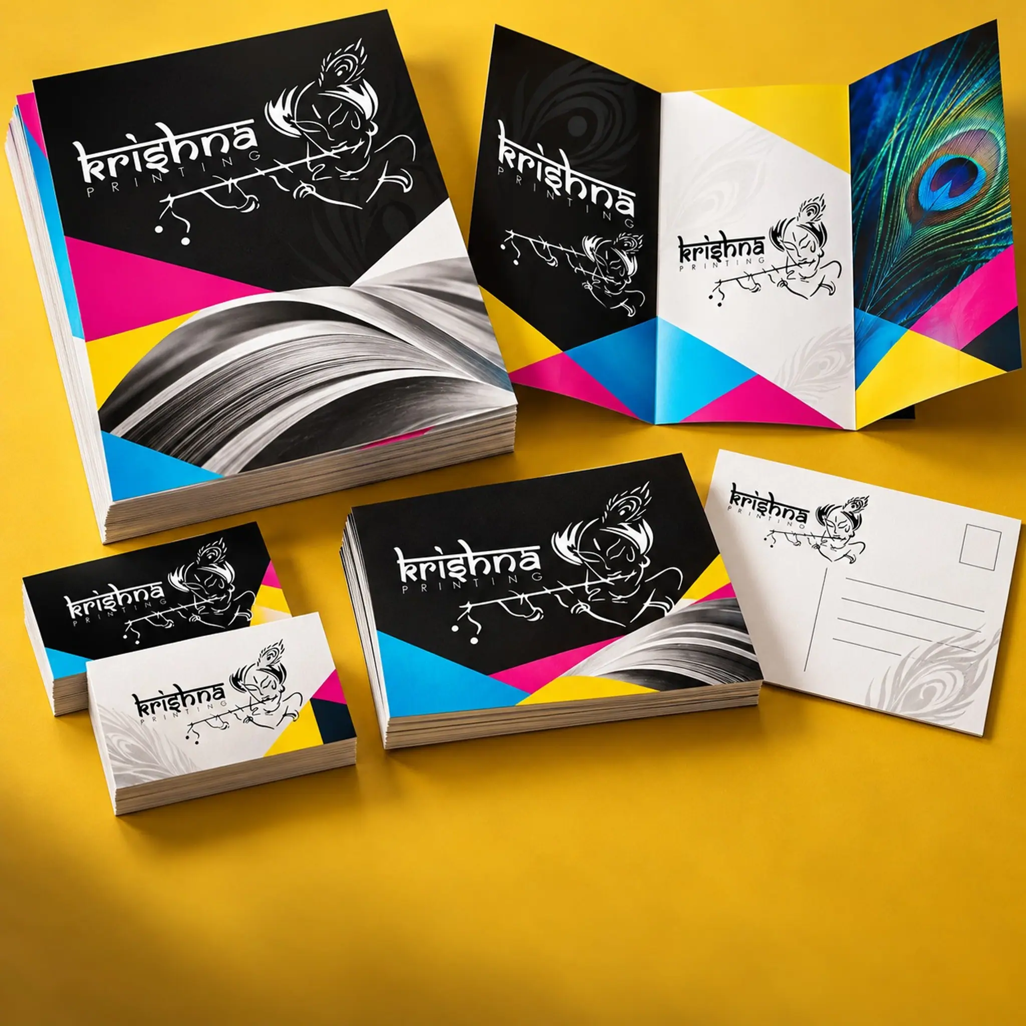 Brochures, a tri-fold, postcards and business cards with Krishna Printing branding on a yellow table