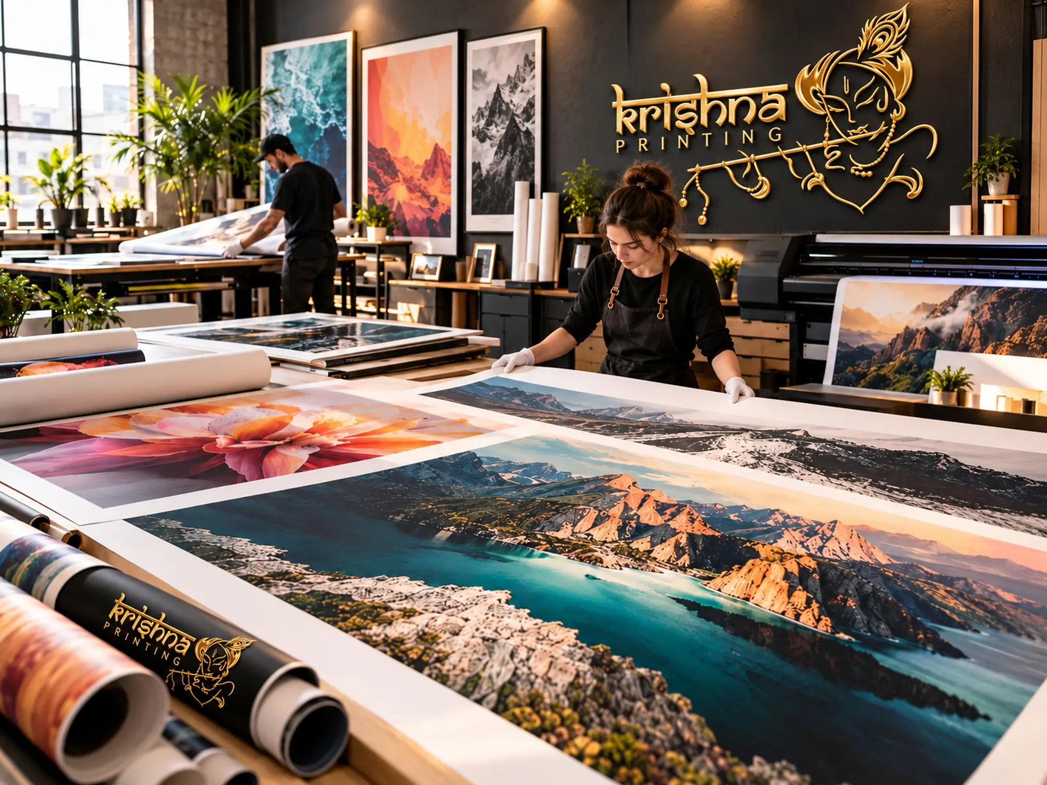 Print studio with large art prints laid out on a table, framed posters on the wall and a gold Krishna Printing logo