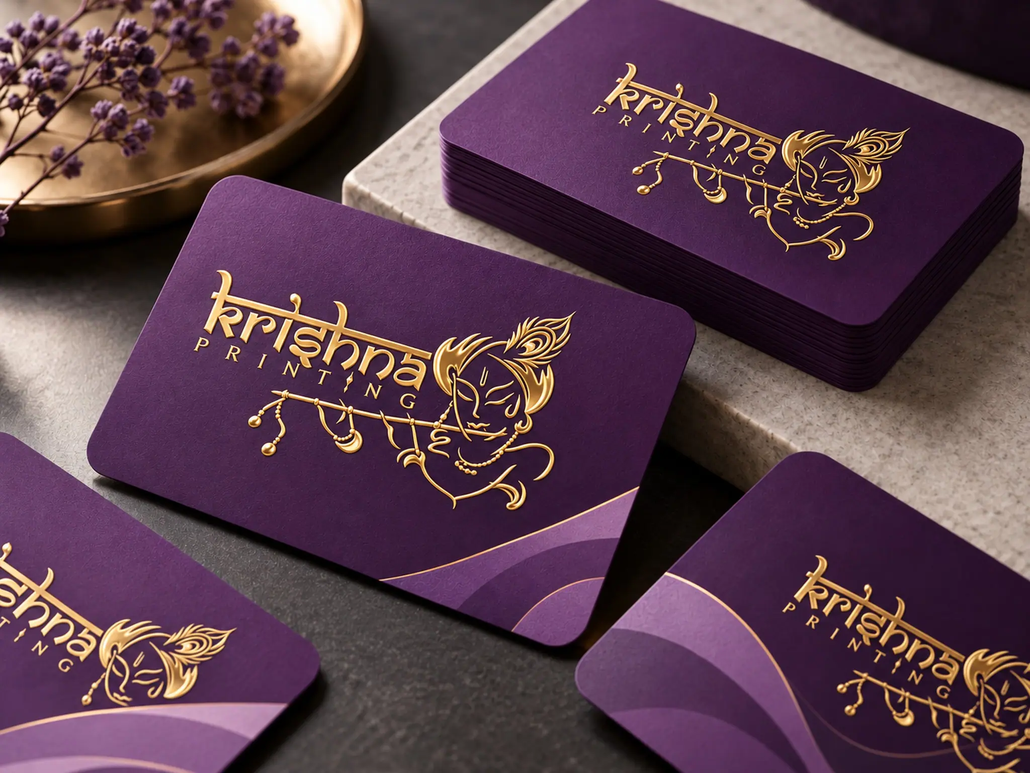 Purple rounded-corner business cards with a gold foil Krishna Printing logo