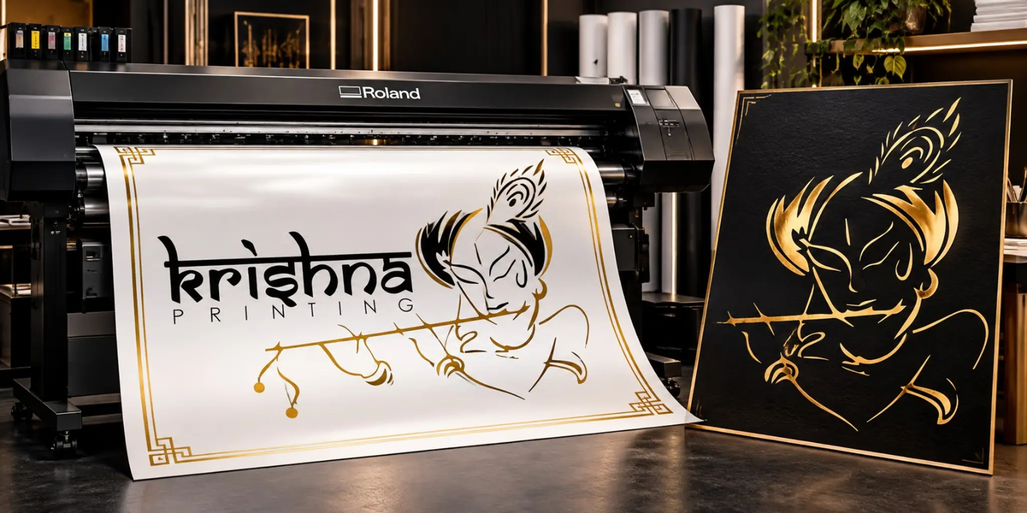 Wide-format printer beside a Krishna Printing banner and a gold-on-black poster