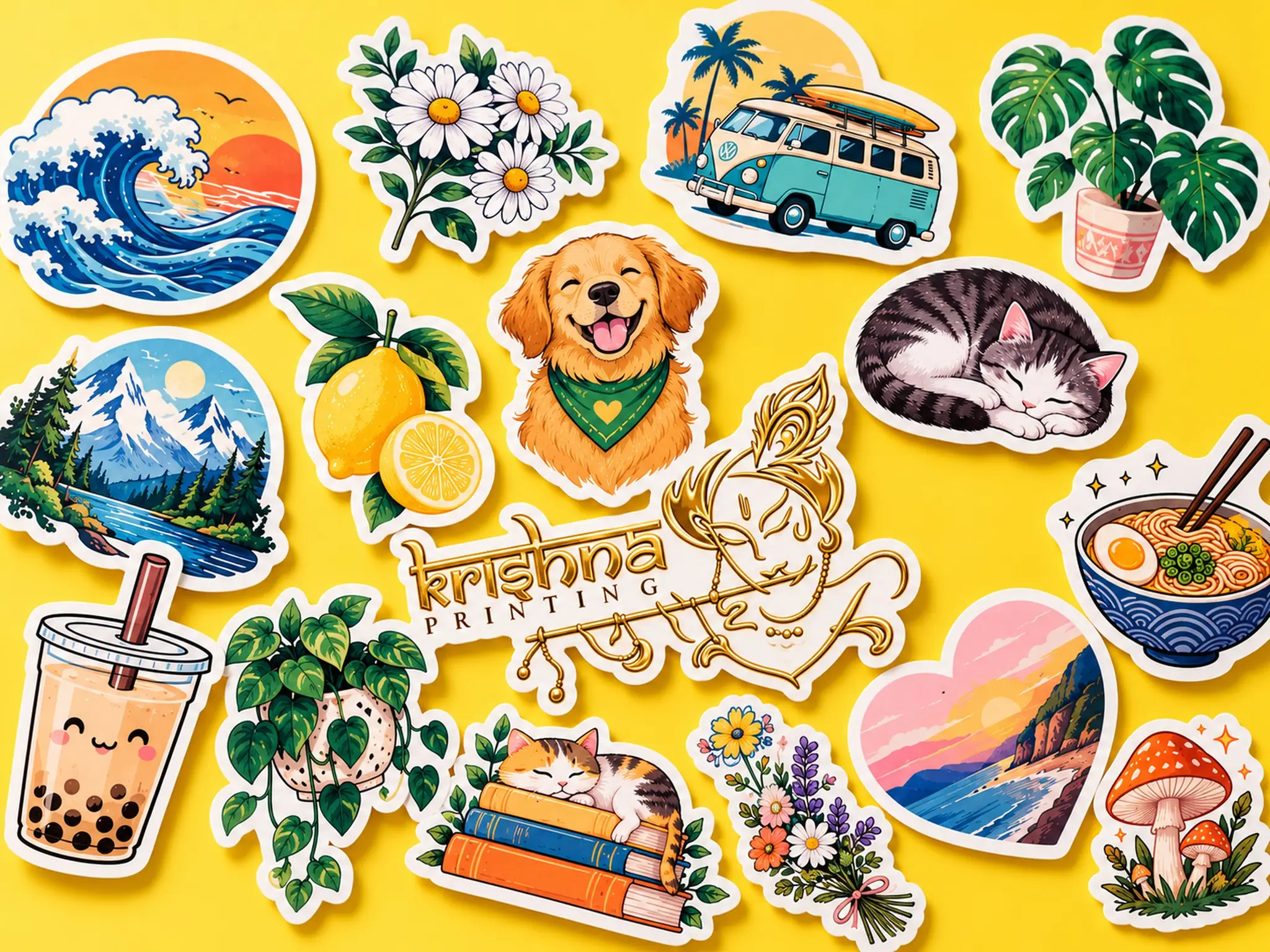 Illustrated die-cut stickers on a yellow background, including a Krishna Printing logo sticker