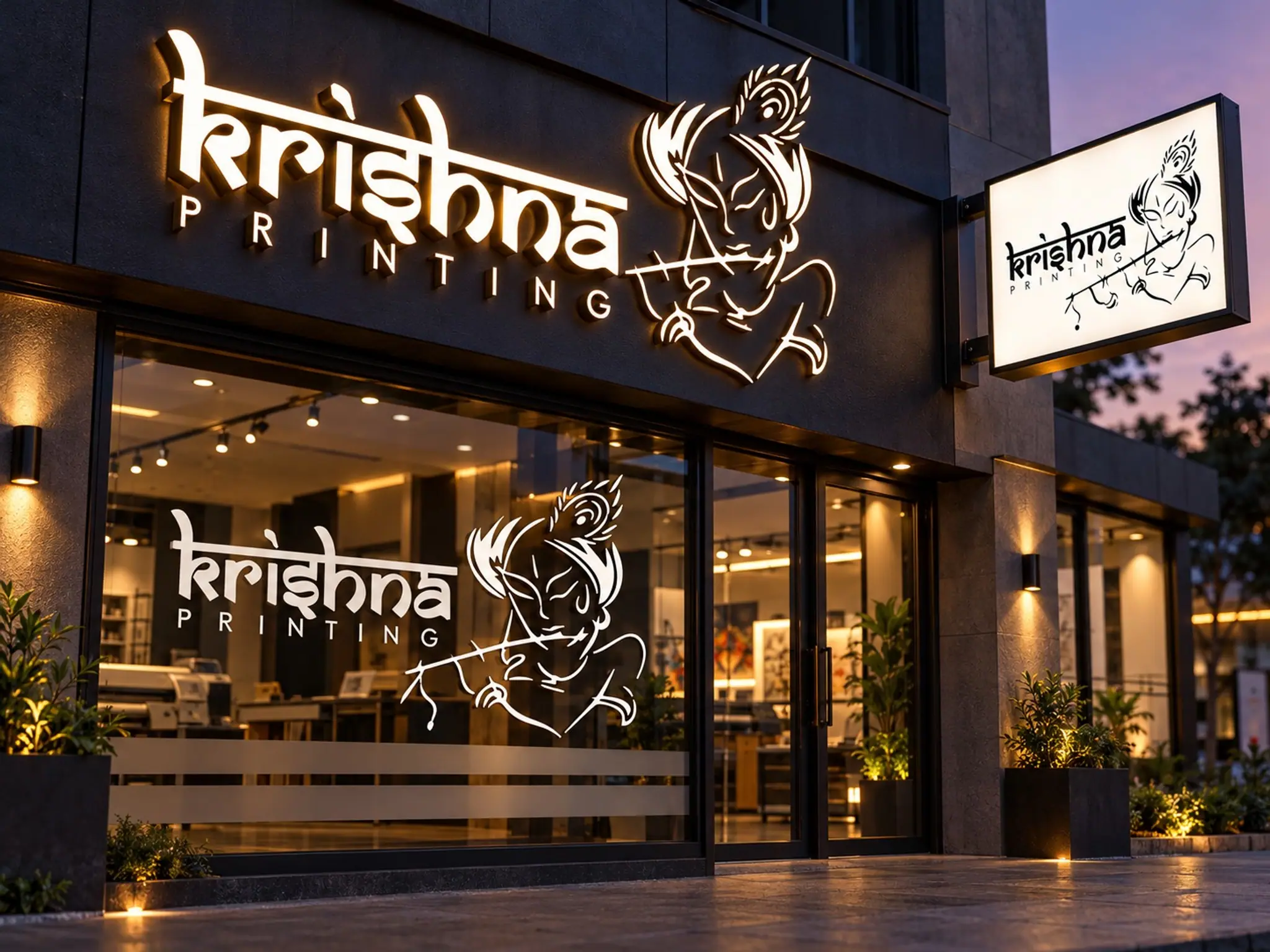 Storefront with illuminated Krishna Printing channel letters, window graphics and a lightbox sign