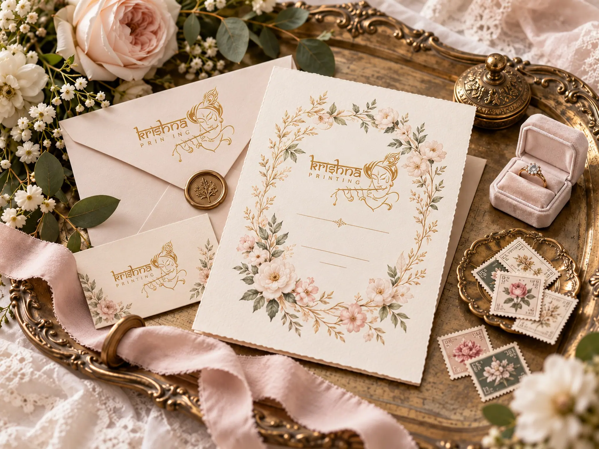 Floral wedding invitation suite with envelopes, a wax seal and stamps, featuring the Krishna Printing logo