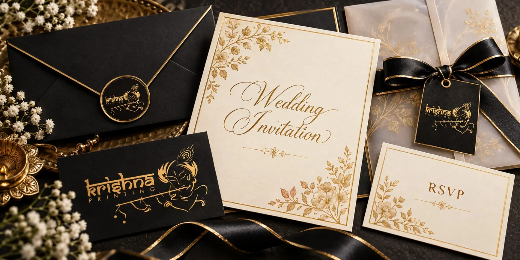 Black and ivory wedding invitation suite with gold foil details, an RSVP card and a Krishna Printing wax seal