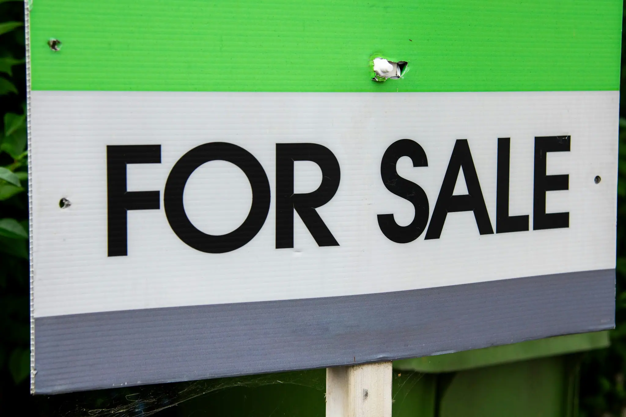Close-up of a green and white FOR SALE sign